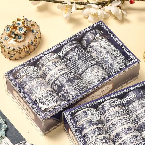 Blue & White Porcelain Washi Tape Set, Traditional Chinese Ceramic Pattern Decorative Masking Tapes, Oriental Art for Craft, Scrapbook, DIY, Gift Wrapping (2-Echoes of Blue/19 Rolls) in Saudi Arabia
