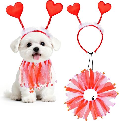 2 Pcs Valentine's Day Dog Costume Red Heart Headband with Collar for Small Medium Dog Cat Valentine's Day Wedding Holiday Party Outfit in Saudi Arabia