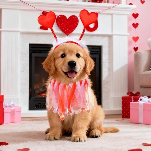 2 Pcs Valentine's Day Dog Costume Red Heart Headband with Collar for Small Medium Dog Cat Valentine's Day Wedding Holiday Party Outfit in Saudi Arabia