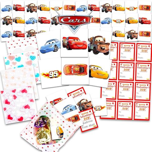 Disney Cars Valentine's Day Classroom Gift Exchange - 24 Student Bundle with Cars Temporary Tattoos, Goodie Bags, To/From Stickers for School Valentines Handouts | Valentines Kids Party Favors in Saudi Arabia