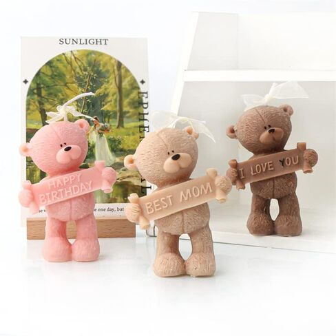 3D Slogan Bear Candle Mold, Bear Silicone Mold for Fondant, Chocolate, Cake Decor, Soap, Plaster, Resin Art, Birthday, Mother's Day, Father's Day (Best MOM) in Saudi Arabia