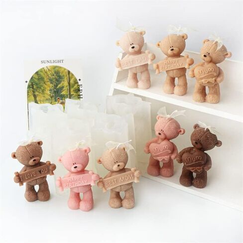 3D Slogan Bear Candle Mold, Bear Silicone Mold for Fondant, Chocolate, Cake Decor, Soap, Plaster, Resin Art, Birthday, Mother's Day, Father's Day (Best MOM) in Saudi Arabia