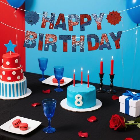 Spider Theme Happy Birthday Banner, Cardboard Spider Birthday Banner Colorful Backdrop Supplies Cool Cartoon Spiderweb Themed Party Decorations for Boys Kids Indoor Outdoor Celebrations Decor in Saudi Arabia