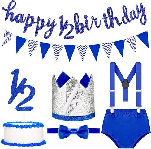 Spakon 6 Month Happy Birthday Banner Set 1/2 Happy Birthday Decorations Glitter 1/2 Half Year Cake Topper Triangle Flag Celebrations Crown Hat Bow Tie(Blue) in Saudi Arabia