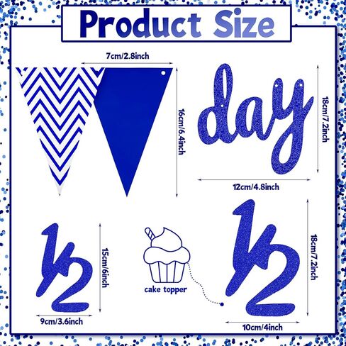 Spakon 6 Month Happy Birthday Banner Set 1/2 Happy Birthday Decorations Glitter 1/2 Half Year Cake Topper Triangle Flag Celebrations Crown Hat Bow Tie(Blue) in Saudi Arabia
