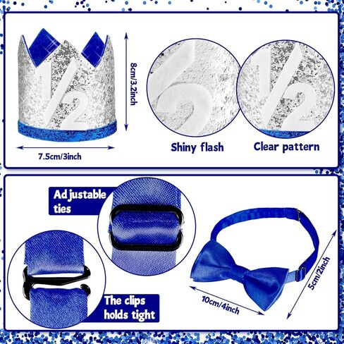 Spakon 6 Month Happy Birthday Banner Set 1/2 Happy Birthday Decorations Glitter 1/2 Half Year Cake Topper Triangle Flag Celebrations Crown Hat Bow Tie(Blue) in Saudi Arabia