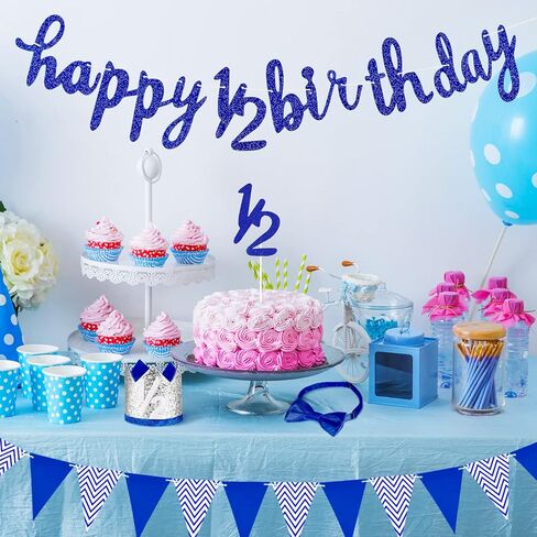 Spakon 6 Month Happy Birthday Banner Set 1/2 Happy Birthday Decorations Glitter 1/2 Half Year Cake Topper Triangle Flag Celebrations Crown Hat Bow Tie(Blue) in Saudi Arabia