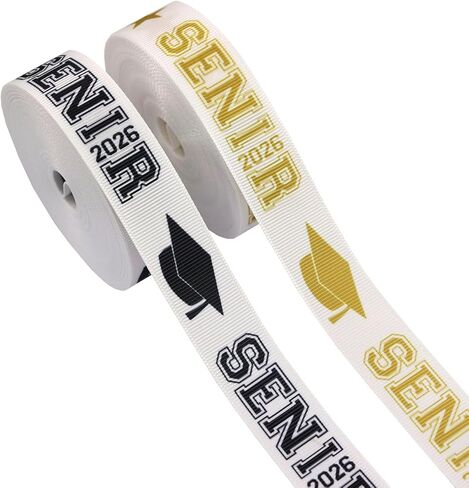 2 رول × 5 ياردات 7/8 بوصة ذهبي وأسود فئة 2026 شريط التخرج Grosgrain Ribbon Senior 2026 أوشحة مطبوعة لـ Leis، Mum، Cheer Hair Bows Crafts Packaging (كبار 2026) in Kuwait