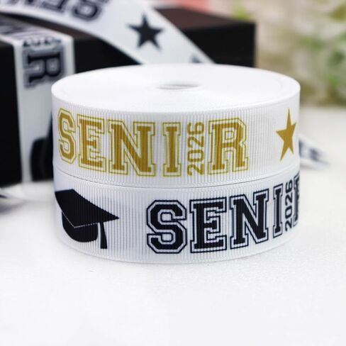 2 رول × 5 ياردات 7/8 بوصة ذهبي وأسود فئة 2026 شريط التخرج Grosgrain Ribbon Senior 2026 أوشحة مطبوعة لـ Leis، Mum، Cheer Hair Bows Crafts Packaging (كبار 2026) in Kuwait