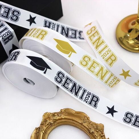 2 رول × 5 ياردات 7/8 بوصة ذهبي وأسود فئة 2026 شريط التخرج Grosgrain Ribbon Senior 2026 أوشحة مطبوعة لـ Leis، Mum، Cheer Hair Bows Crafts Packaging (كبار 2026) in Kuwait