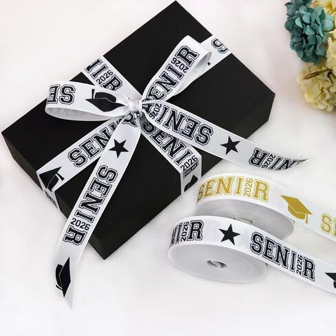 2 رول × 5 ياردات 7/8 بوصة ذهبي وأسود فئة 2026 شريط التخرج Grosgrain Ribbon Senior 2026 أوشحة مطبوعة لـ Leis، Mum، Cheer Hair Bows Crafts Packaging (كبار 2026) in Kuwait