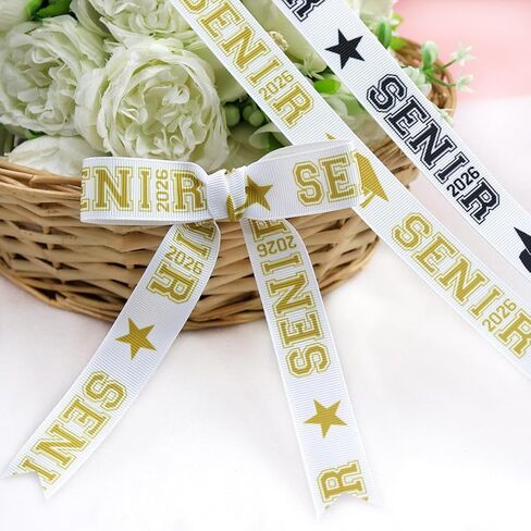 2 رول × 5 ياردات 7/8 بوصة ذهبي وأسود فئة 2026 شريط التخرج Grosgrain Ribbon Senior 2026 أوشحة مطبوعة لـ Leis، Mum، Cheer Hair Bows Crafts Packaging (كبار 2026) in Kuwait