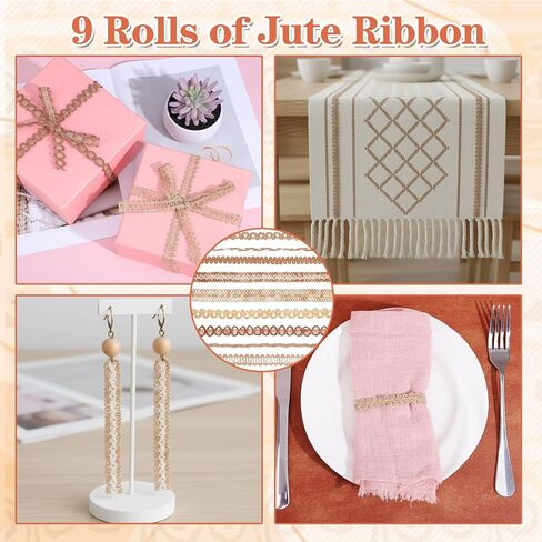 Jeffdad 9 Rolls Burlap Lace Ribbon Trim, 18 Meters Jute Craft Ribbon Natural Burlap Ribbons Trim Vintage Lace Trims for DIY Crafts Gifts Wrapping Rustic Wedding Party Decoration in Saudi Arabia