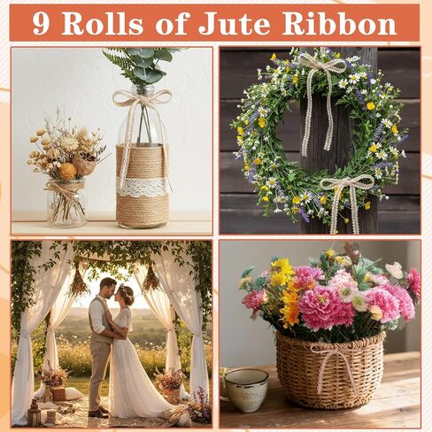 Jeffdad 9 Rolls Burlap Lace Ribbon Trim, 18 Meters Jute Craft Ribbon Natural Burlap Ribbons Trim Vintage Lace Trims for DIY Crafts Gifts Wrapping Rustic Wedding Party Decoration in Saudi Arabia