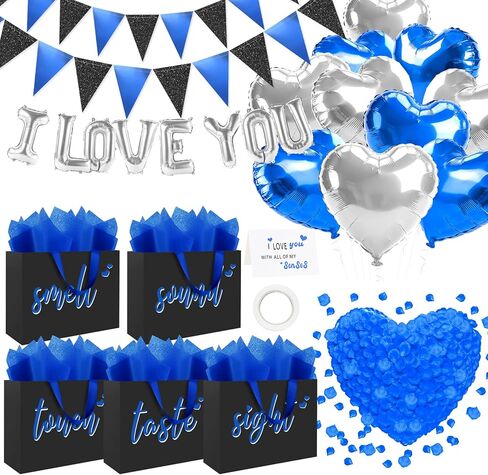 Addblu 5 Senses Gift Bags for Him with Labels - Includes12.6"X8.7"X4" Five Senses Bag, Tissue Paper, I Love You Decoration Banner, Balloons, Rose Petals & Greeting Card, Him/Her, Anniversary, Valentine‘s Day (Black With Red Lettering) in Saudi Arabia