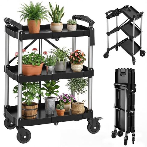 YITAHOME 350 LBS Folding Utility Service Cart, 3 Tier Foldable Cart with Wheels Collapsible Cart on Wheels with 360°Swivel Wheels (2 with Brakes), Portable Cart for Home Garage Restaurant Office in Saudi Arabia