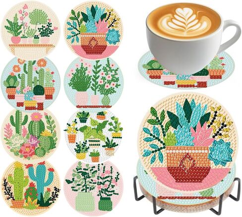 مجموعات قواعد الأكواب الفنية الماسية، 8 قطع من قواعد الأكواب ذات الرسم الماسي للنباتات التجريدية مع حامل، مجموعات الرسم الفني الماسي للبالغين، قاعدة خشبية خماسية الأبعاد DIY للهدايا in Kuwait