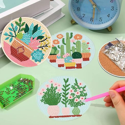 مجموعات قواعد الأكواب الفنية الماسية، 8 قطع من قواعد الأكواب ذات الرسم الماسي للنباتات التجريدية مع حامل، مجموعات الرسم الفني الماسي للبالغين، قاعدة خشبية خماسية الأبعاد DIY للهدايا in Kuwait