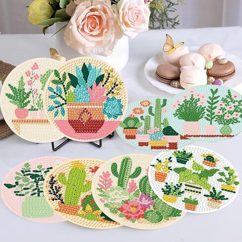 مجموعات قواعد الأكواب الفنية الماسية، 8 قطع من قواعد الأكواب ذات الرسم الماسي للنباتات التجريدية مع حامل، مجموعات الرسم الفني الماسي للبالغين، قاعدة خشبية خماسية الأبعاد DIY للهدايا in Kuwait