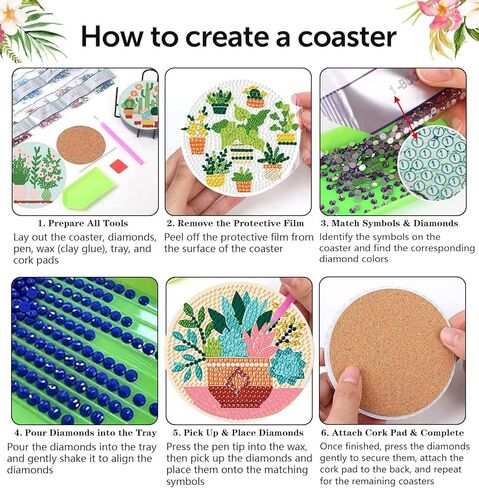 مجموعات قواعد الأكواب الفنية الماسية، 8 قطع من قواعد الأكواب ذات الرسم الماسي للنباتات التجريدية مع حامل، مجموعات الرسم الفني الماسي للبالغين، قاعدة خشبية خماسية الأبعاد DIY للهدايا in Kuwait