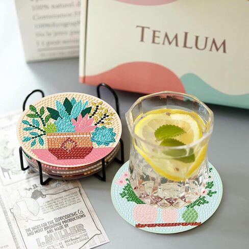 مجموعات قواعد الأكواب الفنية الماسية، 8 قطع من قواعد الأكواب ذات الرسم الماسي للنباتات التجريدية مع حامل، مجموعات الرسم الفني الماسي للبالغين، قاعدة خشبية خماسية الأبعاد DIY للهدايا in Kuwait