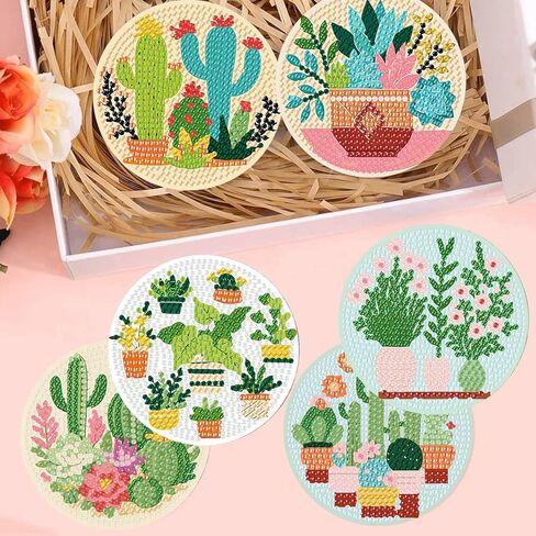 مجموعات قواعد الأكواب الفنية الماسية، 8 قطع من قواعد الأكواب ذات الرسم الماسي للنباتات التجريدية مع حامل، مجموعات الرسم الفني الماسي للبالغين، قاعدة خشبية خماسية الأبعاد DIY للهدايا in Kuwait