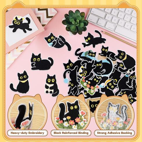 24 قطعة من رقع القطة السوداء اللطيفة من الحديد على الرقع للملابس وحقائب الظهر المصنوعة من القماش وقبعة وسترات جينز وقمصان وحقائب للفتيات والأولاد والأطفال، رسوم متحركة كاواي مضحكة مخيطة على رقعة مطرزة in Saudi Arabia