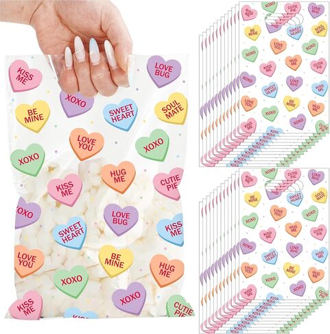 JarThenaAMCS 50Pcs Valentine's Day Party Favor Bag Plastic Treat Bags with Handles Conversation Heart Clear Candy Goodie Bags for Wedding Anniversary in Saudi Arabia