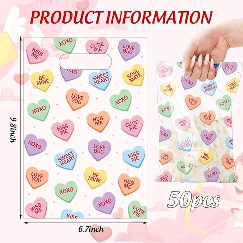 JarThenaAMCS 50Pcs Valentine's Day Party Favor Bag Plastic Treat Bags with Handles Conversation Heart Clear Candy Goodie Bags for Wedding Anniversary in Saudi Arabia