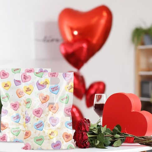 JarThenaAMCS 50Pcs Valentine's Day Party Favor Bag Plastic Treat Bags with Handles Conversation Heart Clear Candy Goodie Bags for Wedding Anniversary in Saudi Arabia