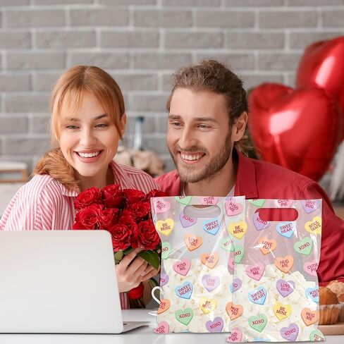 JarThenaAMCS 50Pcs Valentine's Day Party Favor Bag Plastic Treat Bags with Handles Conversation Heart Clear Candy Goodie Bags for Wedding Anniversary in Saudi Arabia
