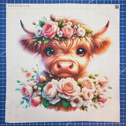 Fabric Panel 14"x14" Floral Baby Highland Cow 100% Cotton Quilting Panel Square L491 in Saudi Arabia