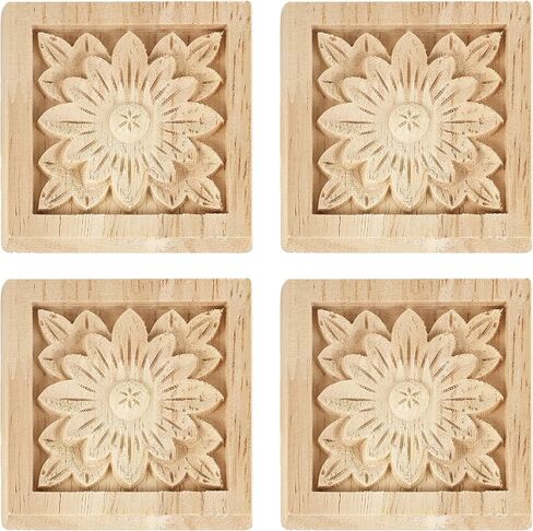 4Pcs Unpainted Solid Wood Floral Appliques, 2.4x2.4 Inch Cabinet Onlays, Handmade Carved Wood Decor for Furniture, Doors, DIY Home Decor Projects (Square, Unfinished) in Saudi Arabia