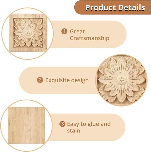 4Pcs Unpainted Solid Wood Floral Appliques, 2.4x2.4 Inch Cabinet Onlays, Handmade Carved Wood Decor for Furniture, Doors, DIY Home Decor Projects (Square, Unfinished) in Saudi Arabia