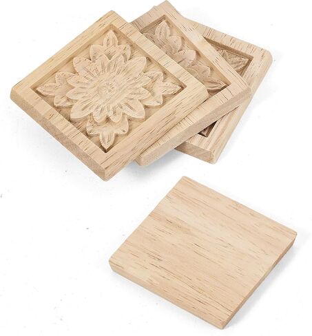 4Pcs Unpainted Solid Wood Floral Appliques, 2.4x2.4 Inch Cabinet Onlays, Handmade Carved Wood Decor for Furniture, Doors, DIY Home Decor Projects (Square, Unfinished) in Saudi Arabia