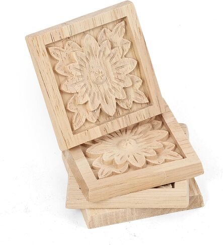 4Pcs Unpainted Solid Wood Floral Appliques, 2.4x2.4 Inch Cabinet Onlays, Handmade Carved Wood Decor for Furniture, Doors, DIY Home Decor Projects (Square, Unfinished) in Saudi Arabia
