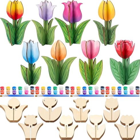 24 Pcs DIY 3D Flower Spring Wood Crafts to Paint Spring Unfinished Wood Slices with Paint and Brush for Craft Cutouts Flowers Ornaments for Painting Easter Floral Handmade Projects (Cute) in Saudi Arabia