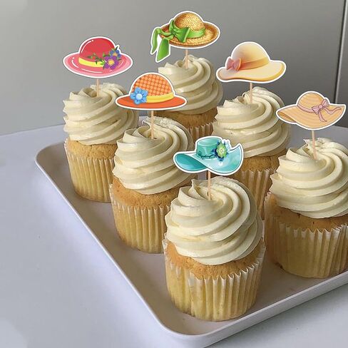 24PCS Hats Cupcake Toppers, Hat Themed Dessert Decor, Birthday Party Supplies, Funny Food Picks Vacation Toppers Summer Cake Decoration Lady for Hawaii Beach Pool Supplies in Saudi Arabia