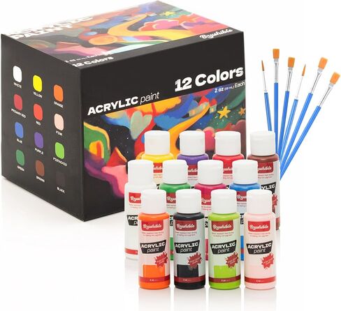 12 Colors Acrylic Paint Set, Acrylic Paint Set with 6 Brushes, 2oz/60ml Bottles, Paint for Artists, Beginners and Kids on Canvas Rocks Wood Ceramic Fabric in Saudi Arabia