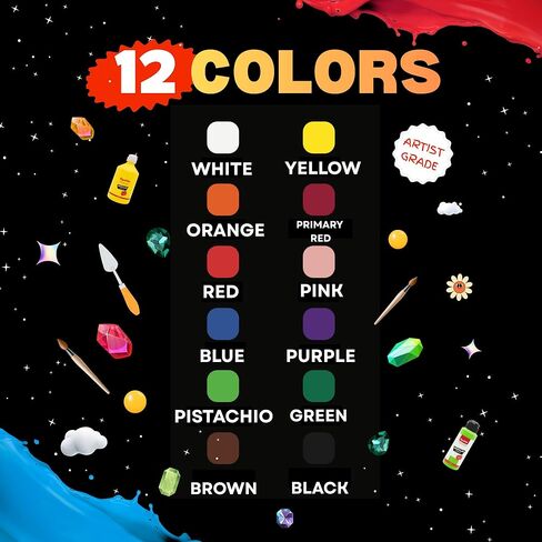 12 Colors Acrylic Paint Set, Acrylic Paint Set with 6 Brushes, 2oz/60ml Bottles, Paint for Artists, Beginners and Kids on Canvas Rocks Wood Ceramic Fabric in Saudi Arabia