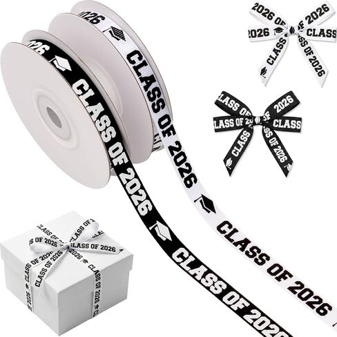 فئة 2026 شريط Grosgrain، بعرض 3/8 بوصة، 2 لفات 20 ياردة أشرطة تخرج باللون الأسود والأبيض لتغليف الهدايا، والباقات، والحرف اليدوية in Kuwait