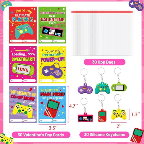 Fancy Land 30 Pack Valentines Gifts for Kids Classroom Video Game Silicone Keychains Kids Valentines Day Cards for School Classroom Exchange Gifts Party Favors in Saudi Arabia