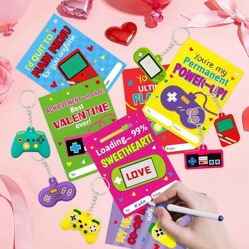 Fancy Land 30 Pack Valentines Gifts for Kids Classroom Video Game Silicone Keychains Kids Valentines Day Cards for School Classroom Exchange Gifts Party Favors in Saudi Arabia