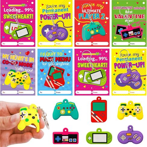 Fancy Land 30 Pack Valentines Gifts for Kids Classroom Video Game Silicone Keychains Kids Valentines Day Cards for School Classroom Exchange Gifts Party Favors in Saudi Arabia