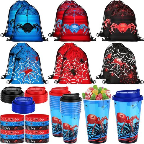 72 Pcs Spider Party Favors Spiderweb Birthday Party Supplies Hero Decorations for Guests Including Drawstring Gift Bags Cups and Wristbands for Christmas Birthday Gift Favors in Saudi Arabia