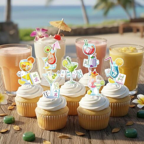 لوازم حفلات أعياد الميلاد من Mahjong - مجموعة مكونة من 24 قطعة من أغطية الكب كيك والكب كيك والحلوى وديكور الكوكتيل ماه جونغ تحت عنوان الزينة المفضلة للنساء والفتيات والاحتفالات الليلية in Kuwait