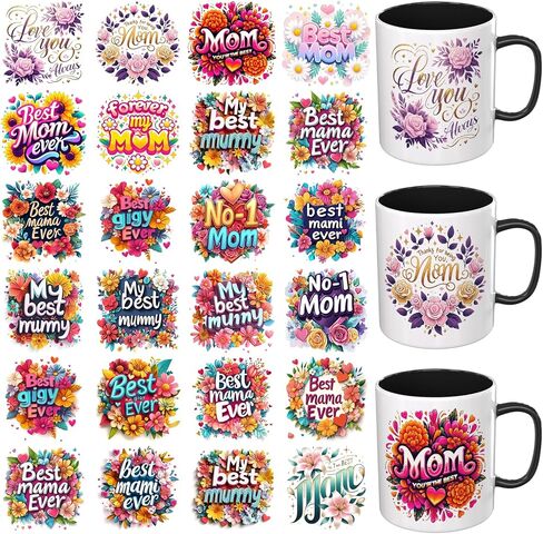 UV DTF Cup Wrap Transfer Stickers for Tumblers and Glasses, 24 Sheets Mother's Day Floral Bundle Rub On Decals for Cups, Mugs, Water Bottles, Smooth Application for Clear and Frosted Surfaces in Kuwait