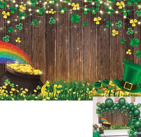 BINQOO سعيد القديس باتريك خلفية عملات ذهبية وعاء قوس قزح محظوظ شامروك البرسيم على لوحة خشبية ريفية التصوير الفوتوغرافي خلفية استحمام الطفل كشك صور حديثي الولادة (7x5FT (82 × 59 بوصة)) in Kuwait