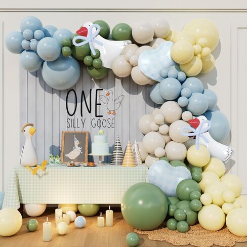 One Silly Goose Balloon Arch Kit with Walking Goose and Gingham Foil Balloons for Boys Girls Silly Goose Birthday Baby Shower Vintage Pink Blue Green Yellow Gingham Party Decorations (Blue) in Saudi Arabia