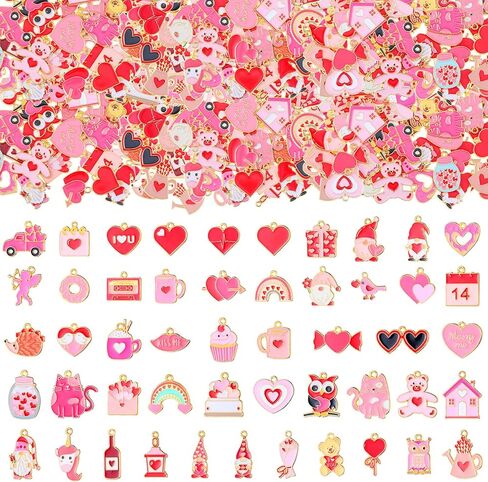 Equsion 300 Pcs Valentines Charms for Jewelry Making Valentine's Day Heart Charms Bulk Enamel Cute Cupid Gnome Rose Pendants for Bracelets Necklaces Earrings DIY Craft Making Love Gifts in Saudi Arabia